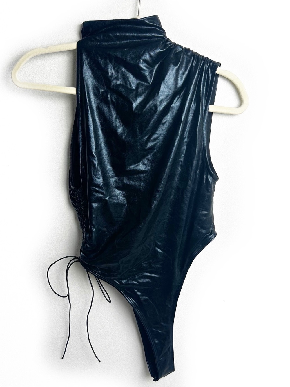 Black Chrome Metallic Ruched Mock Neck Thong Bodysuit Mars the Label Night Out